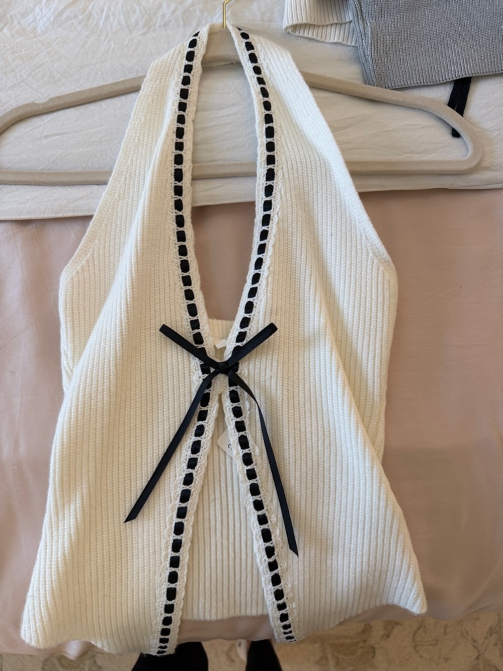 Roseanna White Ribbed Halter Top with Black Ribbon Trim